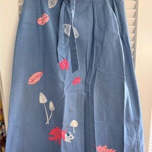 Blue Denim Skirt with Leaf Embroidery